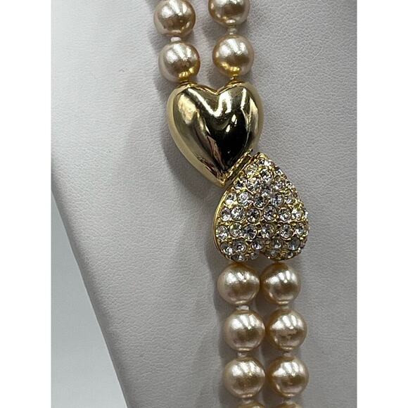 Joan Rivers Vintage Taupe Faux Pearl Double Strand Necklace Pave Heart Clasp - Picture 7 of 13